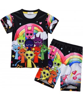 Kids Summer Short Sleeve Pajama Set - Sprunki Incredibox Cartoon Loungewear 2-Piece for Boys Girls 3-8 Years