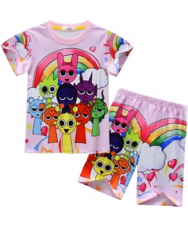 Kids Summer Short Sleeve Pajama Set - Sprunki Incredibox Cartoon Loungewear 2-Piece for Boys Girls 3-8 Years
