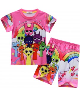 Kids Summer Short Sleeve Pajama Set - Sprunki Incredibox Cartoon Loungewear 2-Piece for Boys Girls 3-8 Years