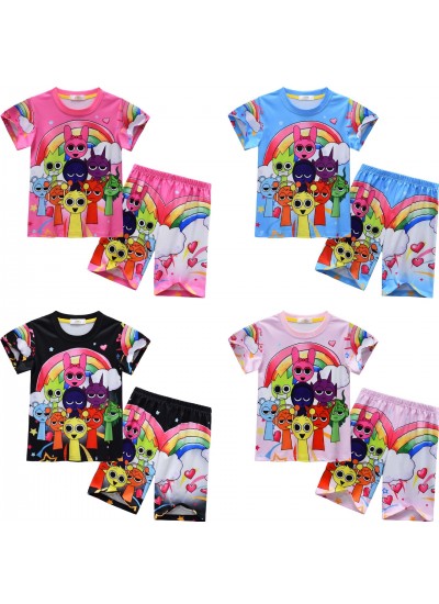 Kids Summer Short Sleeve Pajama Set - Sprunki Incredibox Cartoon Loungewear 2-Piece for Boys Girls 3-8 Years