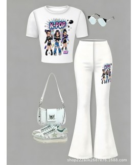 Kpop Demon Hunter Pajamas Two-Piece Set for Girls - Milk Silk Short Sleeve Flare Pants Loungewear