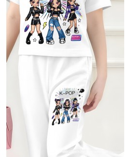 Kpop Demon Hunter Pajamas Two-Piece Set for Girls - Milk Silk Short Sleeve Flare Pants Loungewear
