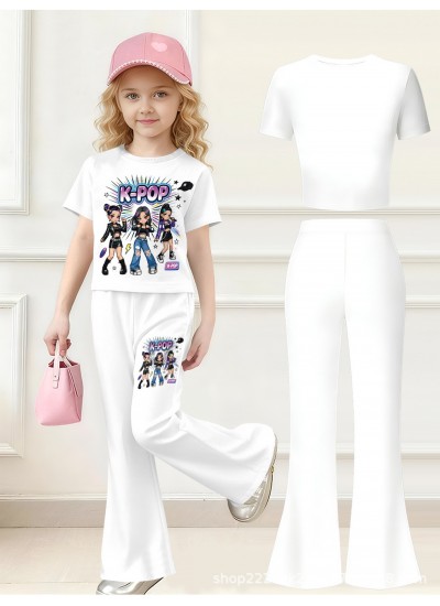 Kpop Demon Hunter Pajamas Two-Piece Set for Girls - Milk Silk Short Sleeve Flare Pants Loungewear