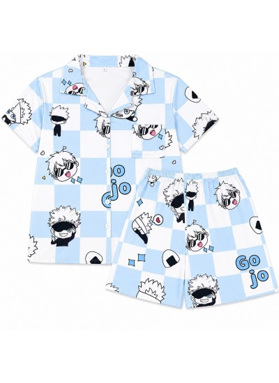 Jujutsu Kaisen Gojo Pajama Set for Women - Cotton Cartoon Anime Sleepwear, Short Sleeve Shorts & Long Pants Options