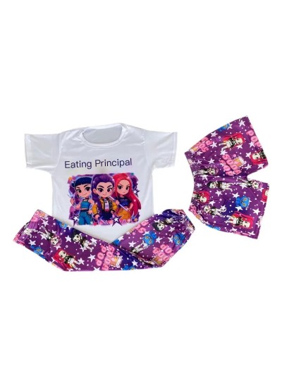 Kpop Demon Hunter Girls Pajama Sets 3 Piece Short Sleeve Shorts Long Pants Cartoon Sleepwear for Spring Summer