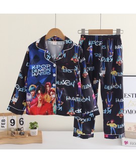 K-pop Demon Hunter Kids Pajamas Set – Ice Silk Long Sleeve Cardigan Cartoon Sleepwear for Boys & Girls