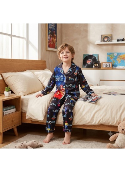 K-pop Demon Hunter Kids Pajamas Set – Ice Silk Long Sleeve Cardigan Cartoon Sleepwear for Boys & Girls