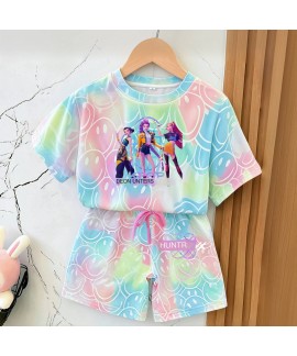 K-pop Demon Hunter Cartoon Print Pajama Set for Kids – Soft Polyester Short Sleeve & Shorts Set
