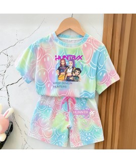 K-pop Demon Hunter Cartoon Print Pajama Set for Kids – Soft Polyester Short Sleeve & Shorts Set
