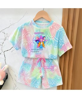 K-pop Demon Hunter Cartoon Print Pajama Set for Kids – Soft Polyester Short Sleeve & Shorts Set