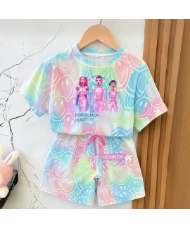 K-pop Demon Hunter Cartoon Print Pajama Set for Kids – Soft Polyester Short Sleeve & Shorts Set