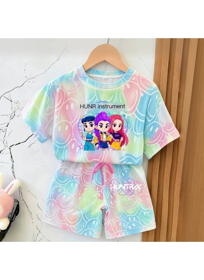 K-pop Demon Hunter Cartoon Print Pajama Set for Kids – Soft Polyester Short Sleeve & Shorts Set