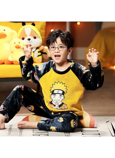 Naruto Boys Pajama Set - Thick Coral Fleece Winter Sleepwear for Kids