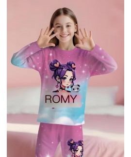 K-pop Demon Hunter Pajamas for Girls – Long Sleeve Two-Piece Set, Soft Polyester Sleepwear for Kids Ages 1-14