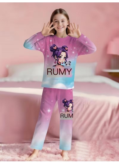 K-pop Demon Hunter Pajamas for Girls – Long Sleeve Two-Piece Set, Soft Polyester Sleepwear for Kids Ages 1-14
