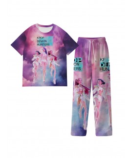 K-pop Demon Hunter Pajama Set – Cartoon Print Milk Silk Short Sleeve & Long Pants for Kids & Adults