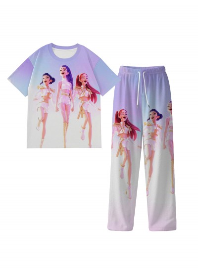K-pop Demon Hunter Pajama Set – Cartoon Print Milk Silk Short Sleeve & Long Pants for Kids & Adults