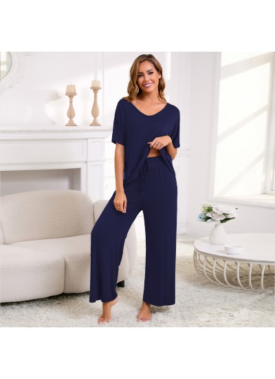 Cotton Pajama Sets for Women - Short Sleeve Sleepwear with Long Pants, Soft Lounge Set with Pockets S-XXL