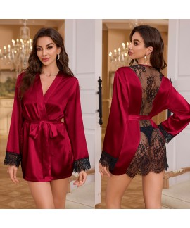 Lace Sheer Satin Robe Silk Kimono for Women - Sexy Bridesmaid Robes with Belted Sleepwear