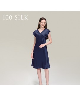 100% Mulberry Silk Nightgown for Women – 19 Momme V-Neck Knee Length Sleepwear