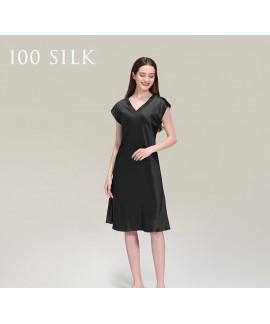 100% Mulberry Silk Nightgown for Women – 19 Momme V-Neck Knee Length Sleepwear