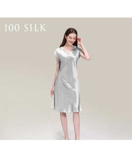 100% Mulberry Silk Nightgown for Women – 19 Momme V-Neck Knee Length Sleepwear