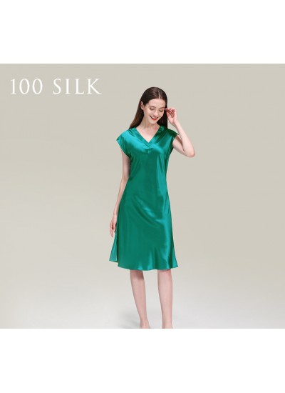 100% Mulberry Silk Nightgown for Women – 19 Momme V-Neck Knee Length Sleepwear