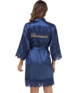 Silky Satin Lace Trim Bride Kimono Robe with Embro...