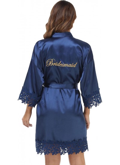 Silky Satin Lace Trim Bride Kimono Robe with Embroidery - Women's Bridal Sleepwear