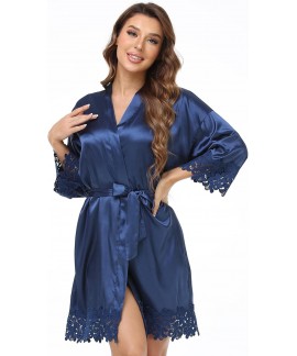 Silky Satin Lace Trim Bride Kimono Robe with Embroidery - Women's Bridal Sleepwear