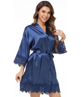 Silky Satin Lace Trim Bride Kimono Robe with Embroidery - Women's Bridal Sleepwear