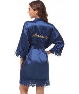 Silky Satin Lace Trim Bride Kimono Robe with Embroidery - Women's Bridal Sleepwear