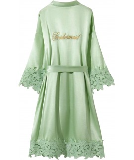 Silky Satin Lace Trim Bride Kimono Robe with Embroidery - Women's Bridal Sleepwear