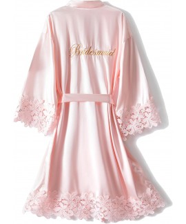 Silky Satin Lace Trim Bride Kimono Robe with Embroidery - Women's Bridal Sleepwear