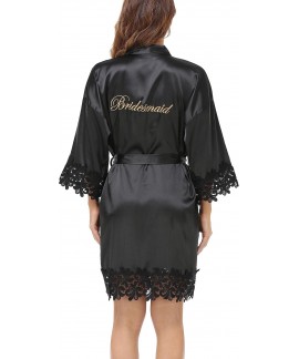 Silky Satin Lace Trim Bride Kimono Robe with Embroidery - Women's Bridal Sleepwear