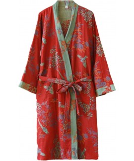 Cotton Double Gauze Kimono Robe Midi-Length Nightg...