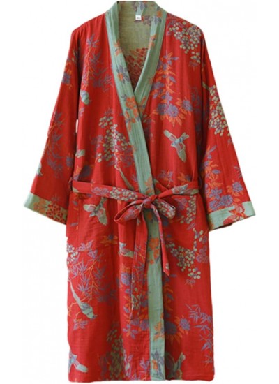 Cotton Double Gauze Kimono Robe Midi-Length Nightgown with Tie Belt Loose Sleepwear for Women
