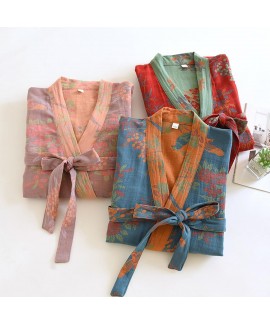Cotton Double Gauze Kimono Robe Midi-Length Nightgown with Tie Belt Loose Sleepwear for Women