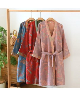 Cotton Double Gauze Kimono Robe Midi-Length Nightgown with Tie Belt Loose Sleepwear for Women