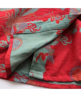 Cotton Double Gauze Kimono Robe Midi-Length Nightgown with Tie Belt Loose Sleepwear for Women