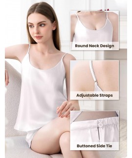22 Momme 100% Mulberry Silk Pajama Set for Women – Round Neck Cami & Shorts Sleepwear