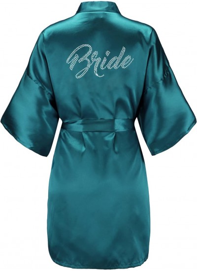 Silver Rhinestone Satin Kimono Robe for Women Bridal Party Getting Ready Short Robe
