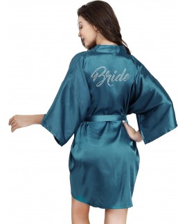 Silver Rhinestone Satin Kimono Robe for Women Bridal Party Getting Ready Short Robe