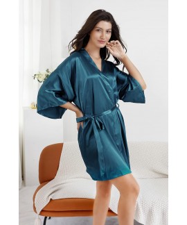 Silver Rhinestone Satin Kimono Robe for Women Bridal Party Getting Ready Short Robe