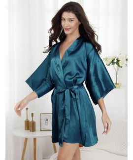 Silver Rhinestone Satin Kimono Robe for Women Bridal Party Getting Ready Short Robe