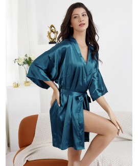 Silver Rhinestone Satin Kimono Robe for Women Bridal Party Getting Ready Short Robe