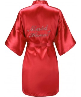 Silver Rhinestone Satin Kimono Robe for Women Bridal Party Getting Ready Short Robe