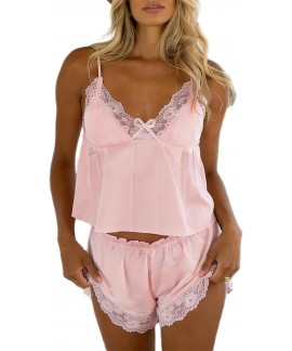 Satin Lace Pajama Set for Women - Sleeveless Cami Shorts Sleepwear Loungewear