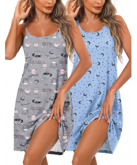 Cotton Nightgowns for Women 2 Pack Sleeveless Sleep Shirts Soft Chemise