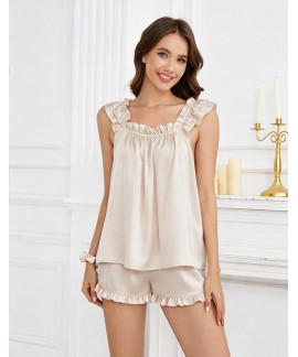 Satin Pajama Set for Women - Soft Ruffle Tank Top & Shorts Sleepwear with Scrunchies & Bag